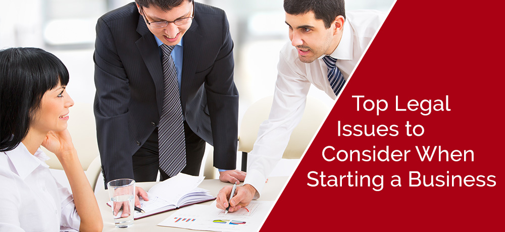 3 people in conference. Text "legal issues to consider when starting a business"