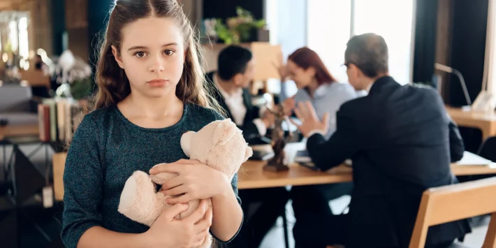 sad girl with teddy bear, parents arguing in front of lawyer